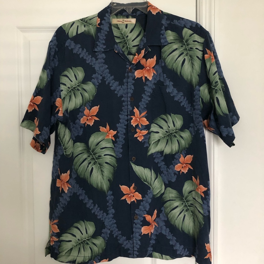 Tommy Bahama Silk Navy Hawaiian Floral Shirt with Green Monstera Leaf Print
